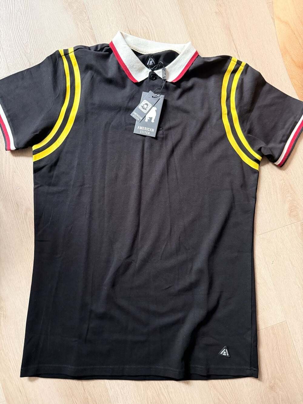 American Stitch SS18-6003 Black Polo Shirt with Striped Collar and Yellow Should